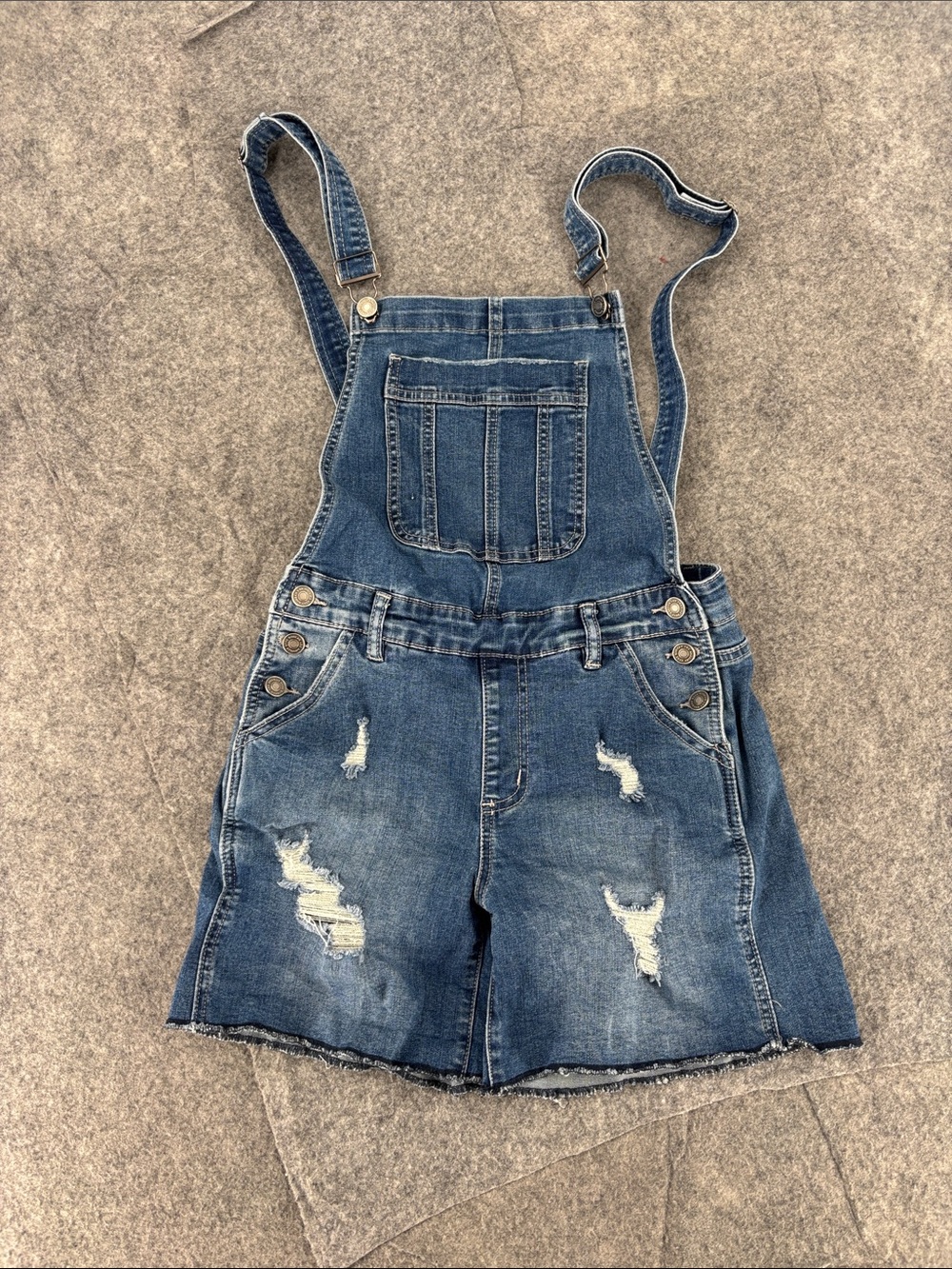 KanCan Distressed Blue Denim Short Overalls